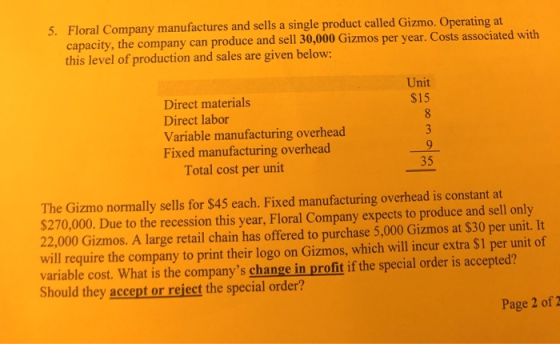 5. Floral Company manufactures and sells a single product called Gizmo. Operating at capacity, the company can produce and se