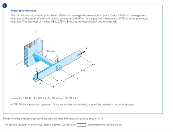 Required information The part shown is loaded at point B with 300 lbf in the negative y direction, at point C with 220 lbf in