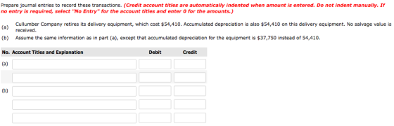Prepare journal entries to record these transactions. (Credit account titles are automatically indented when amount is entered. Do not indent manually. If no entry is required, select No Entry for the account tities and enter O for the amounts.) (a) received (b) No. Account Titles and Explanation Cullumber Company retires its delivery equipment, which cost $54,410. Accumulated depreciation is also $54,410 on this delivery equipment. No salvage value is Assume the same information as in part (a), except that accumulated depreciation for the equipment is $37,750 instead of 54,410 Credit