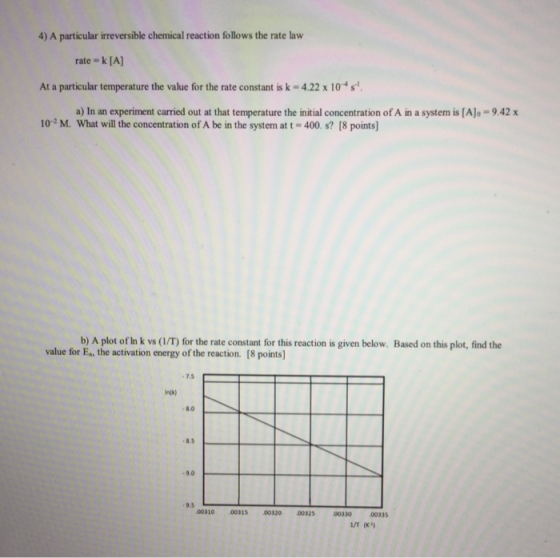 4) A particular irreversible chemical reaction follows the rate law rate = k[A] At a particular temperature the value for the