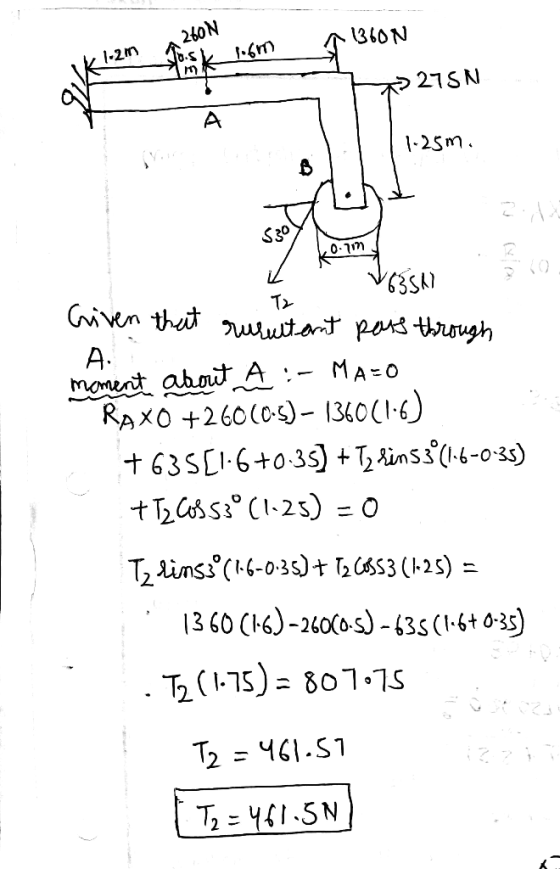 260 N K 1 1360N 16m 275N 1-25m. i T> A . VOSSA Griven that resultant pass through moment about A :- MAPO RAXO +260(0-5)- 13
