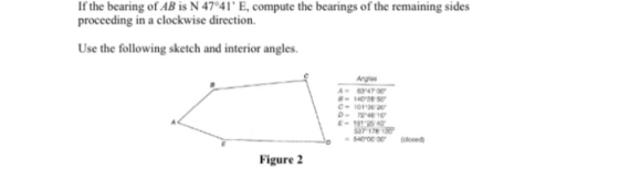 If the bearing of AB is N 47°41 E, compute the bearings of the remaining sides proceeding in a clockwise direction. Use the