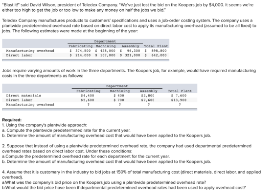 Blast it! said David Wilson, president of Teledex Company. Weve just lost the bid on the Koopers job by $4,000. It seems