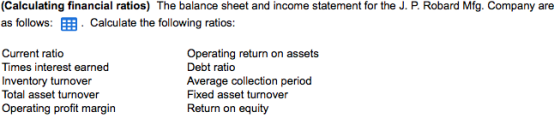 (Calculating financial ratios) The balance sheet and income statement for the J·P. Robard Mig. Company are as follows:囲. Calculate the following ratios: Current ratio Times interest earned Inventory turnover Total asset turnover Operating profit margin Operating return on assets Debt ratio Average collection period Fixed asset turnover Return on equity