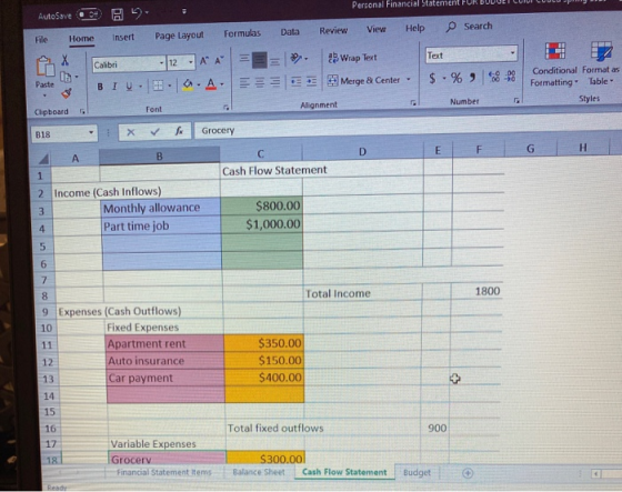Text Font Auto save # : Personal Financial Statement FUR LUDUET CUIUI LUULU. File Home Insert Page Layout Formulas Data Revie