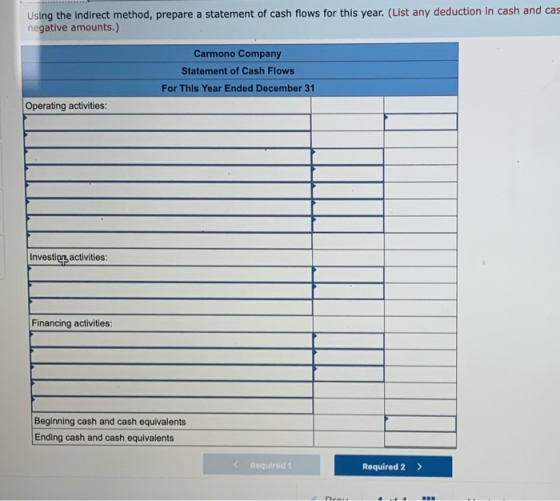 Using the indirect method, prepare a statement of cash flows for this year. (List any deduction in cash and cas negative amou