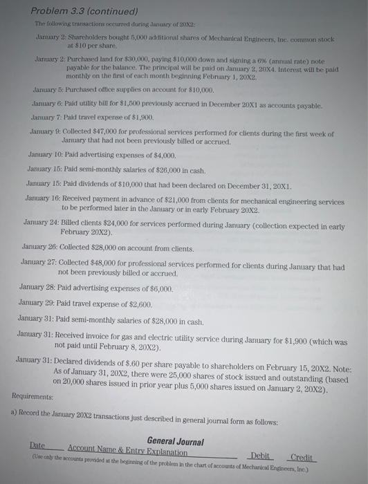 Problem 3.3 (continued) The following transactions occurred during January of 20X2: January 2 Shareholders bought 1,000 addit
