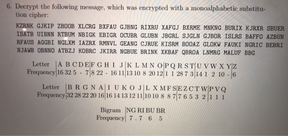 6. Decrypt the following message, which was encrypted with a monoalphabetic substitu- tion cipher: KZRNK GJKIP ZBOOB XLCRG BX