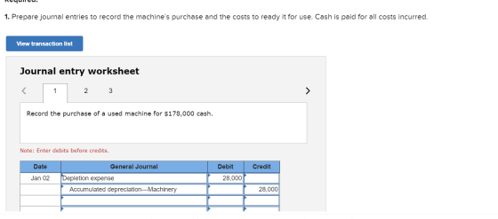 requicu. 1. Prepare journal entries to record the machines purchase and the costs to ready it for use. Cash is paid for all