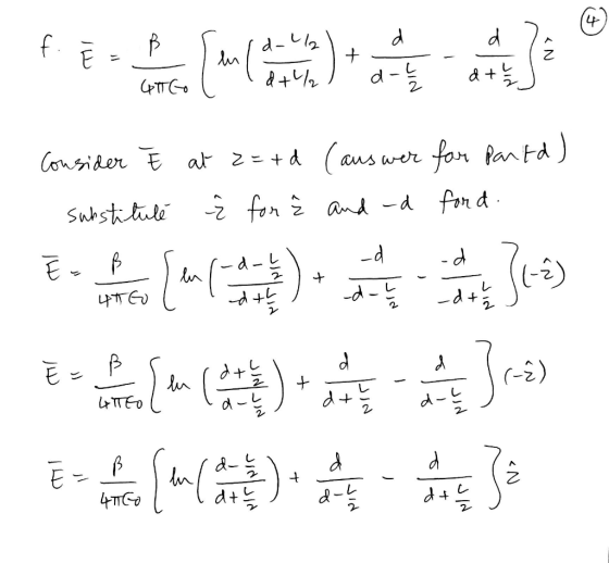 > N | fe: [-17 ) E (TC Consider Ĕ at Z=+d substitute ž for (auswer for parted) 3 and -d ford. )ام 三. () E-se() | - [( )。 =) =