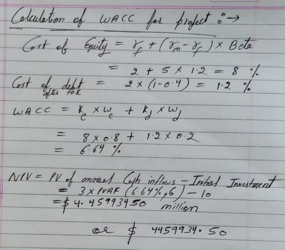 Calculation of W ACC for profect & Cost of Equity = 8 + (80 %) x Beta = % a + 5X 1.2 2x (1-0.4) = = 8 1.2 - % WACC = ke xwe +