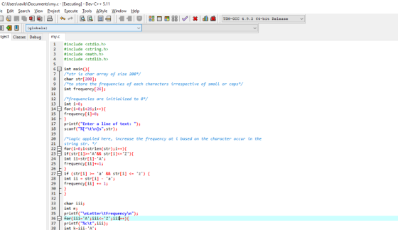 CAUsers ravib\Documentslmy.c [Executing] - Dev-C++5.11 e Edit earch View Project Execute Iools AStyle Window Help 凹 (globals)