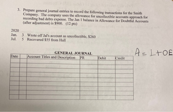 3. Prepare general journal entries to record the following transactions for the Smith Company. The company uses the allowance