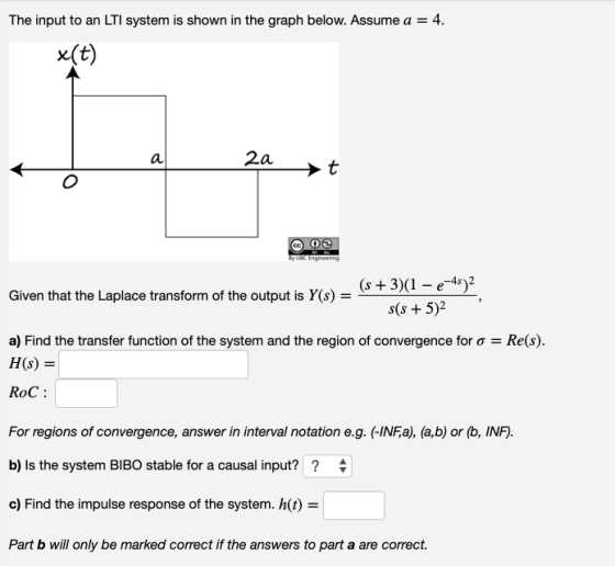 The input to an LTI system is shown in the graph below. Assume a = 4. X(t) 20 t @ by 0 Ingineering Given that the Laplace tra