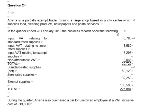Question 2 2.1 Anisha is a partially exempt trader running a large shop based in a city centre which supplies food, cleaning