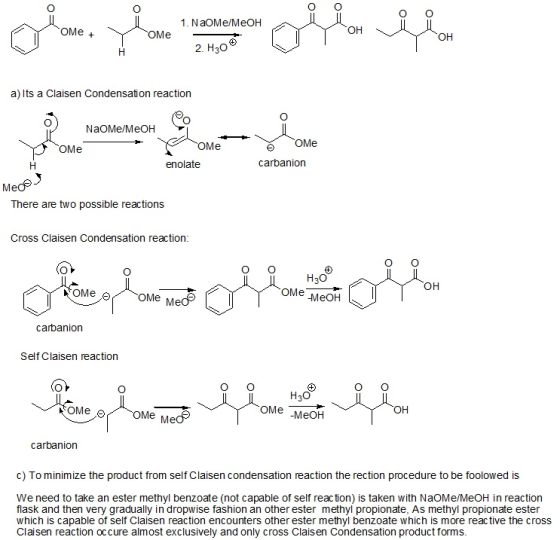 Oplar, y han egen har 1. NaOM/MeOH OMe + en Y HOME H 2. H300 a)Its a Claisen Condensation reaction Co Y NaOM/MeOH OMe YooMe e