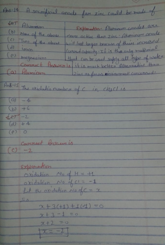 Ans - 14 A 5-14 A securificial anode for zinc could be made of sor Alumium Explanation - Muminum anodes are (bl Nome of the