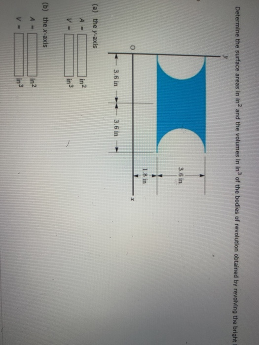Determine the surface areas in in2 and the volumes in in of the bodies of revolution obtained by revolving the bright у 3.6 i