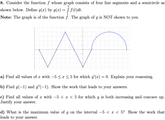 8. Consider the function f whose graph consists of four line segments and a semicircle as shown below. Define g(x) by g(x) =