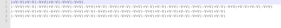 1 2 3 4 5 | +V-V] +V-VI-V+V| +V-VI-V+VI-V+V| |-V+V+V-VI-V+VI+V-VI-V+VI-V+VI-V+V | +V-VI-V+V+V-VI-V+VI+V-VI +V-VI-V+VI-V+VI-V+