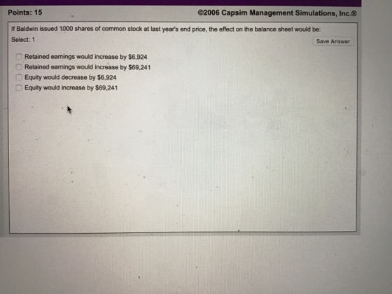 Points: 15 2006 Capsim Management Simulations, Inc.® If Baldwin issued 1000 shares of common stock at last years end price,