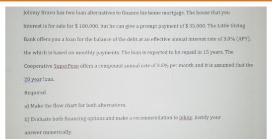 Johnny Bravo has two loan alternatives to finance his home mortgage. The house that you interest is for sale for $ 180,000, b