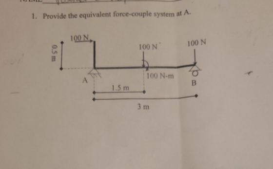 1. Provide the equivalent force-couple system at A 100 N 100 N 100 N 100 N-m A B 1.5m 3 m 0.5 m