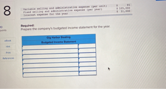 Variable selling and administrative expense (per unit) Fixed selling and administrative expense (per year) Interest expense f