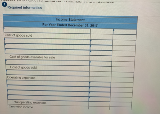 Uranan ninramnetatamant tar lirai Armanitari Required information Income Statement For Year Ended December 31, 2017 Cost of g