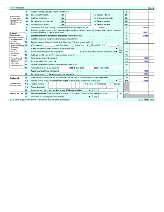 Form 1040 2018) Page 2 2b 3b 4b 5b 6 16600 15427 27858 10 1 Wages, salaries, tips, etc. Allach Formis) W-2 2a Tax-exempt inte
