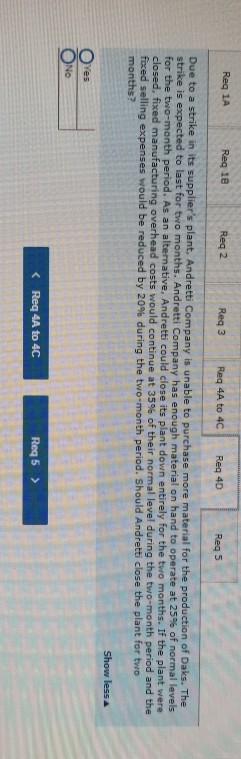 Reg 1A Reg 18 Reg 2 Reg 3 Req 4A to 4C Reg 4D Reg 5 Due to a strike in its suppliers plant. Andretti Company is unable to pu