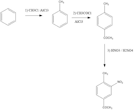 CH3 CH3 1) CH3Cl AIC13 2) CH3CoCI AIC13 СОСНа )HNO3/H2SO4 CH3 NO2 СОСНа