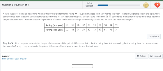 Question 2 of 5, Step 1 of 4 4/20 Correct A state legislator wants to determine whether his voters performance rating (0 - 1