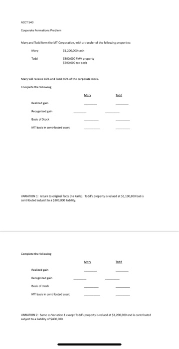 ACCT 540 Corporate Formation Problem Maryand Todd form the MT Corporation, with a transfer of the flowing properties Mary 51.