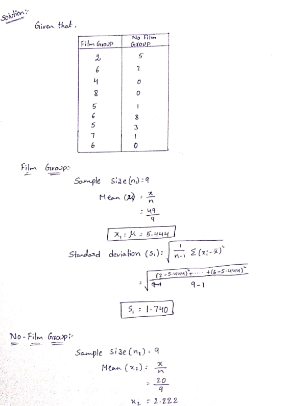 solution Given that, Film Group No Film G YOUP. O-WO - ON Film Group: Sample size (n.) = 9 Mean (74) = 2 [x = M = 5.444] Stan