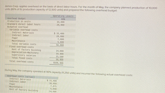 James Corp. applies overhead on the basis of direct labor hours. For the month of May, the company planned production of 10,0