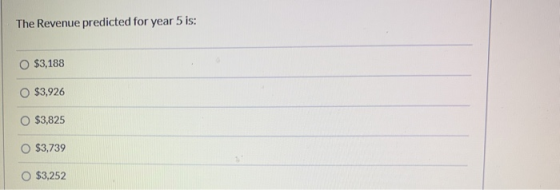 The Revenue predicted for year 5 is: $3,188 O $3,926 O $3,825 $3,739 $3,252