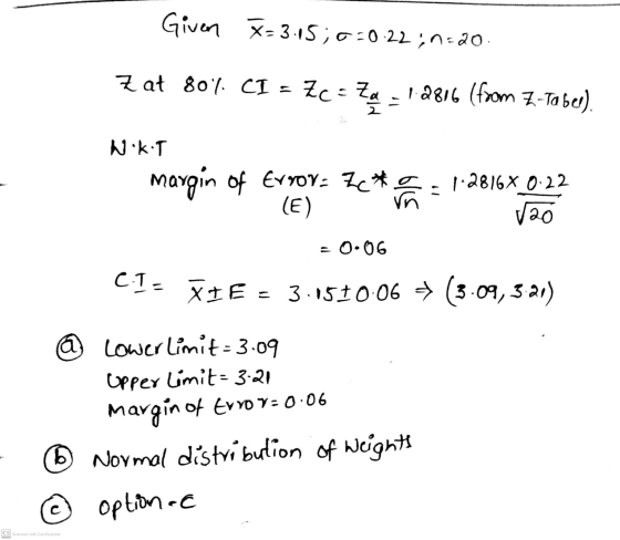 Given X=3.15;6=022;n=20. 7 at 80% CI - Zc = Z4 - 12816 (from 7-Taber). Nikt margin of Error= Z * (E) * 1-2816X 0:22 √20 = 0.0
