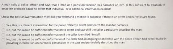A man calls a police officer and says that a man at a particular location has narcotics on him. Is this sufficient to establi