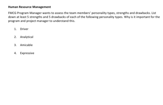 Human Resource Management FMCG Program Manager wants to assess the team members personality types, strengths and drawbacks.