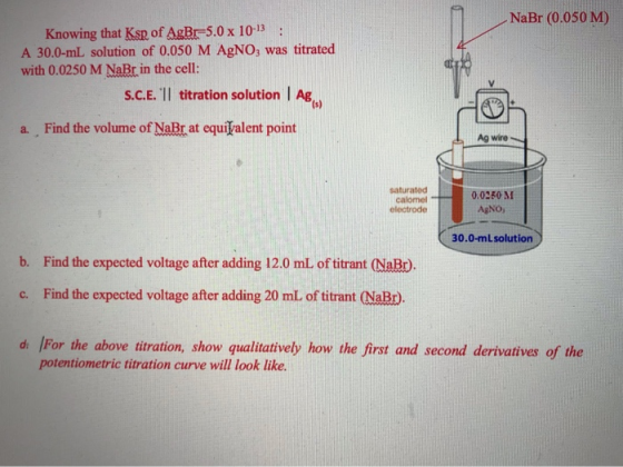 NaBr (0.050 M) Knowing that Ksp of AgBr=5.0 x 10-13 : A 30.0-ml solution of 0.050 M AgNO, was titrated with 0.0250 M NaBr in