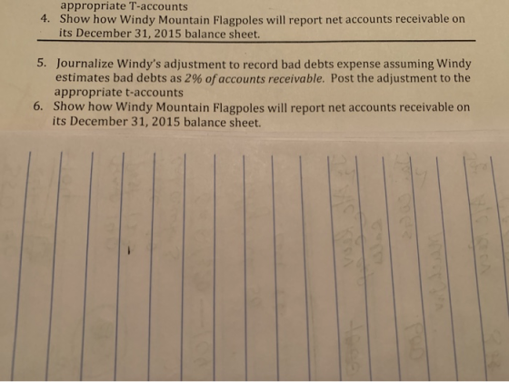 appropriate T-accounts 4. Show how Windy Mountain Flagpoles will report net accounts receivable on its December 31, 2015 bala
