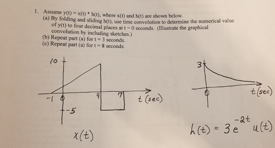 1. Assume y(t)x(th(t), where x(0) and h(t) are shown below (a) By foldi ng and sliding h(t), use time convolution to determine the numerical value of y(t) to four decimal places at t O seconds. (llustrate the graphical convolution by including sketches.) (b) Repeat part (a) for t = 3 seconds. (c) Repeat part (a) for 8 seconds. (o 3 t (sec) 7 -l t sec) 5 -&t χ(t)