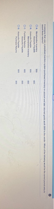 A company that uses a perpetual inventory system purchased inventory on record these reuns? und er returned goods worth to th