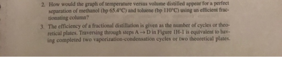 2. How would the graph of temperature versus volume distilled appear for a perfect separation of methanol (bp 65.4°C) and tol