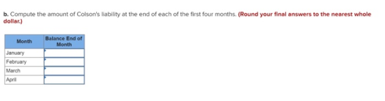 b. Compute the amount of Colsons liability at the end of each of the first four months. (Round your final answers to the nea