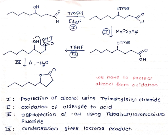 TMSC! H Etan O] KaC8204 Koco OHL FOTBF m OTMs TBAF OH 19,-H2O we nove to protect alcohol from oxidahon I: Pootecnion of alcoh