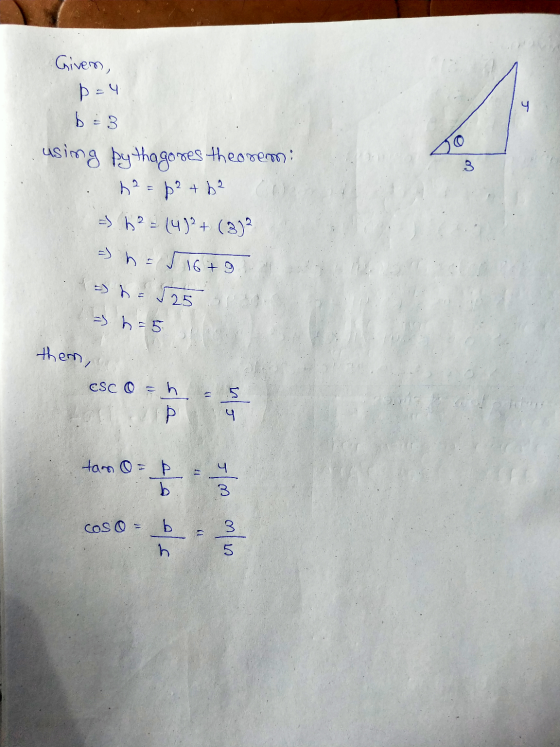 Find Csc Tan And Cos Where Is The Angle Shown In The Figure 