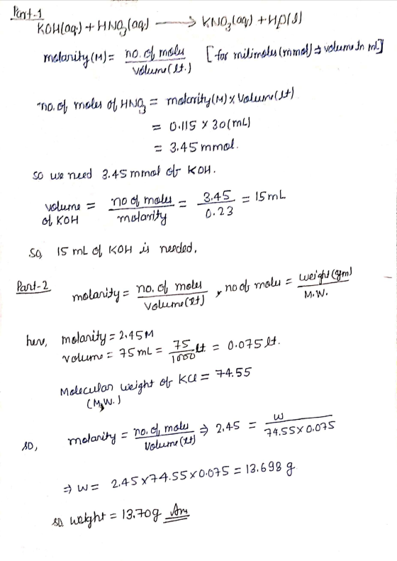 Part-1 KOH(09) + HNO, (09) -- > KNO,109) +UPII melority (M)= no.ch molek [for milimrobes comelj s volum. In roky voluire et.