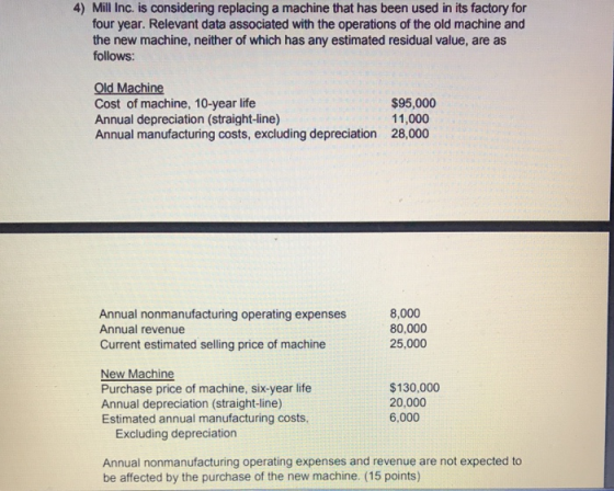 4) Mill Inc. is considering replacing a machine that has been used in its factory for four year. Relevant data associated with the operations of the old machine and the new machine, neither of which has any estimated residual value, are as follows: Old Machine Cost of machine, 10-year life Annual depreciation (straight-line) Annual manufacturing costs, excluding depreciation $95,000 11,000 28,000 Annual nonmanufacturing operating expenses Annual revenue Current estimated selling price of machine 8,000 25,000 New Machine Purchase price of machine, six-year life Annual depreciation (straight-line) Estimated annual manufacturing costs $130,000 20,000 6,000 Excluding depreciation Annual nonmanufacturing operating expenses and revenue are not expected to be affected by the purchase of the new machine. (15 points)